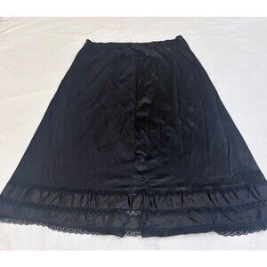 woman's Black A Lined Slip Lace Trim Hem Mid Back Slit